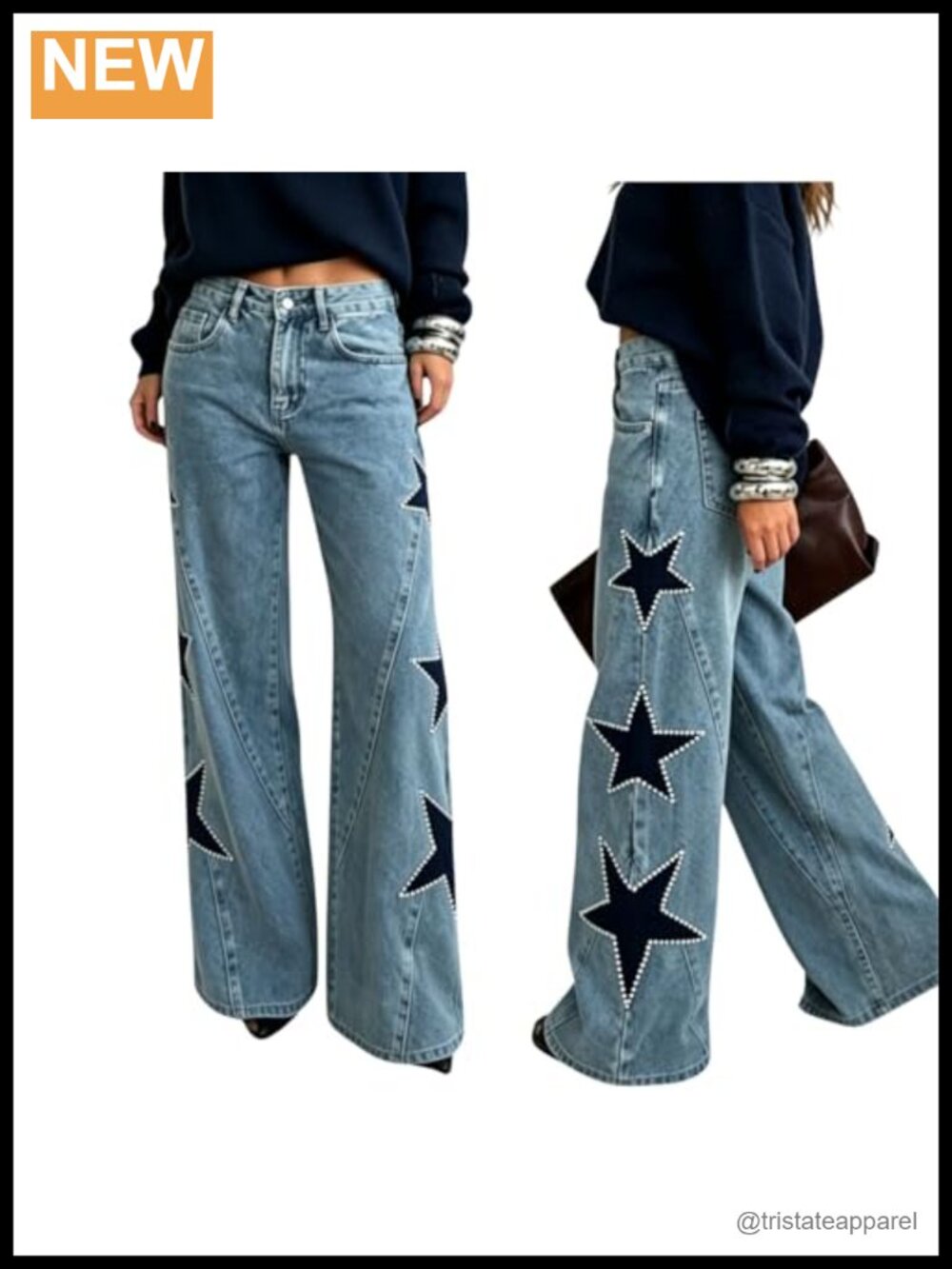 Baggy Cute Pearl Denim Jeans High Waisted Loose Grunge Aesthetic Pants - Picture 1 of 5